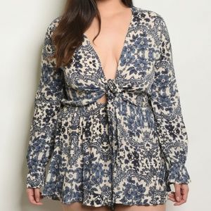 1X, 2X & 3X IVORY INDIGO PLUS SIZE ROMPER